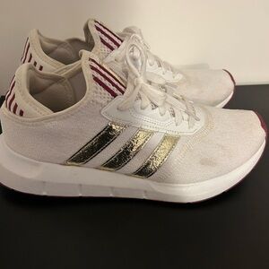 Womens size 10 adidas shoes. White gold and red